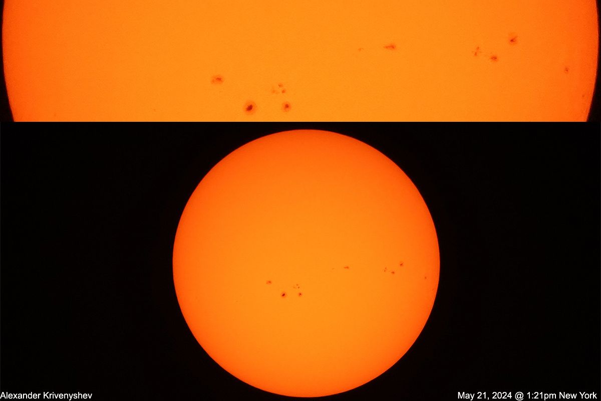 Community photo entitled Today Sun with sunspots stretched across the disc. by Alexander Krivenyshev on 05/21/2024 at Manhattan, New York