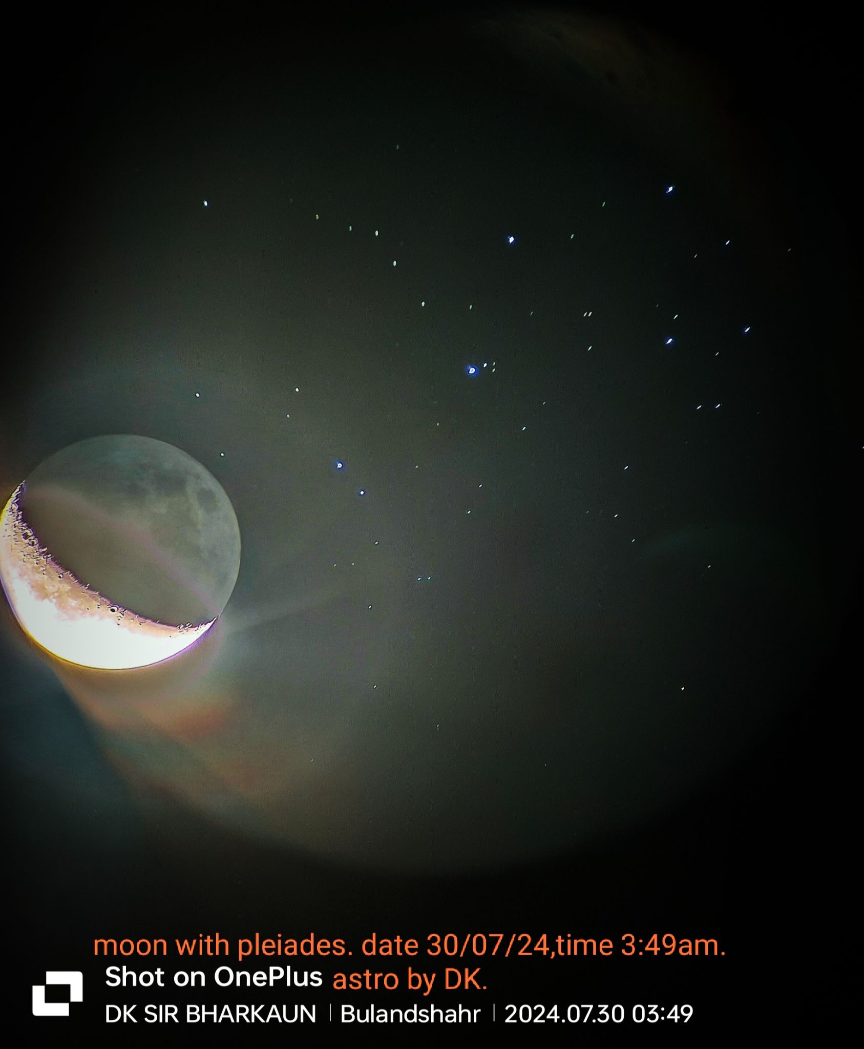 Community photo entitled MOON AND PLEIADES. by Devendra Kumar on 07/30/2024 at VILLAGE BHARKAUN, BULANDSHAHR, UTTAR PRADESH, INDIA