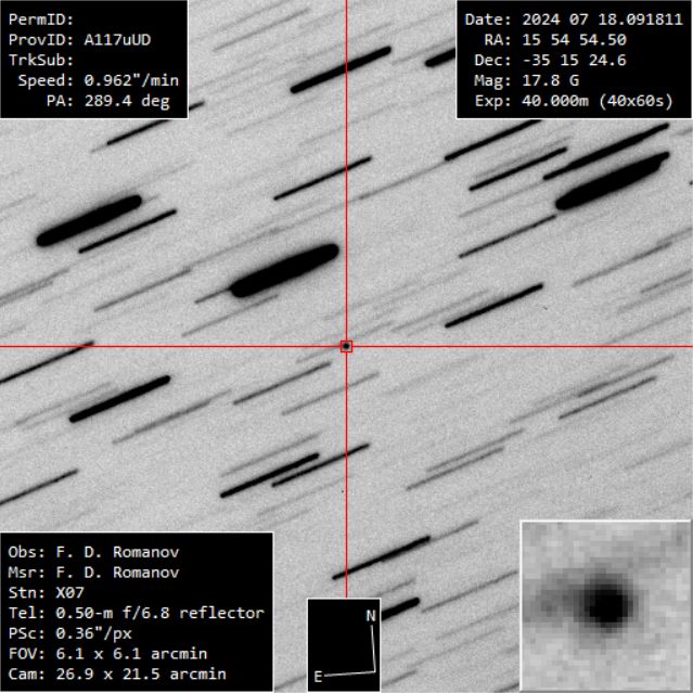 Community photo entitled Hyperbolic comet C/2024 L5 (ATLAS) by Filipp Romanov on 07/18/2024 at Remotely at iTelescope.Net T72 at Rio Hurtado Valley, Chile