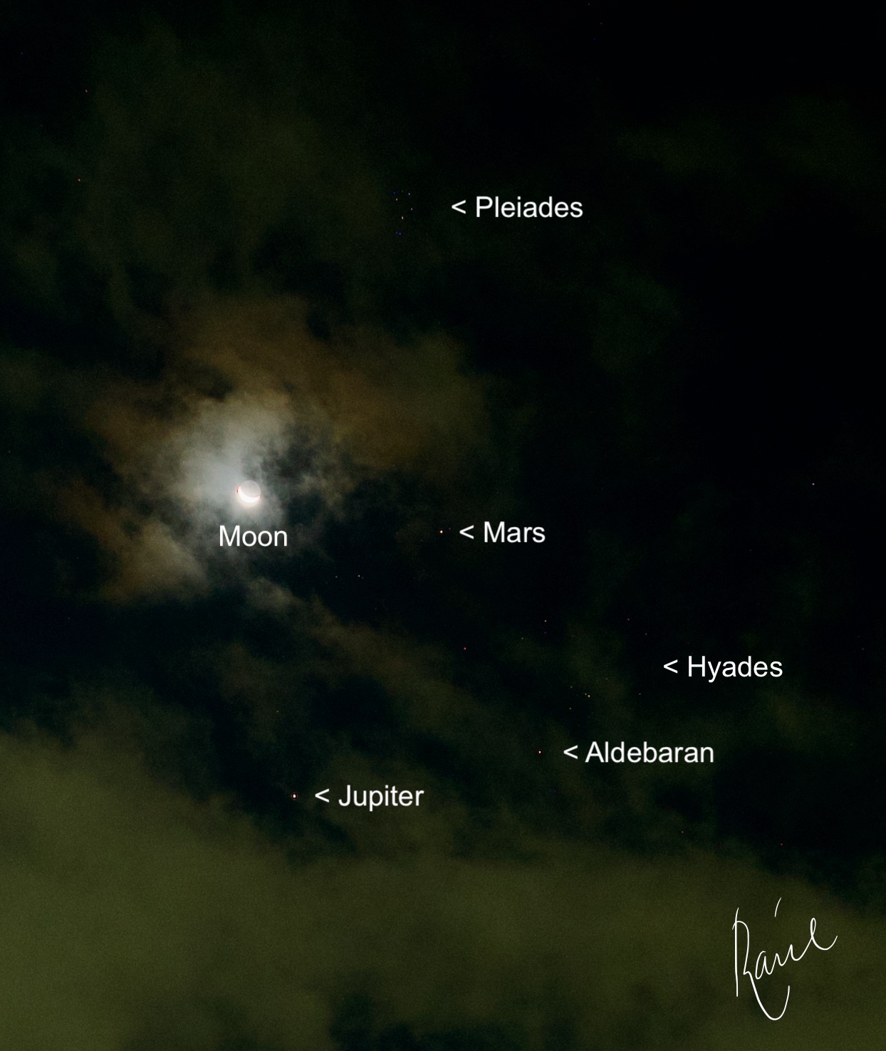 Community photo entitled Moon, Jupiter and Mars with Pleiades and Hyades. by Raul Cortes on 07/30/2024 at Monterrey, Mexico.