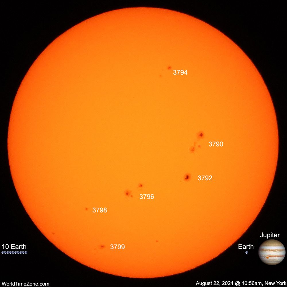 Community photo entitled The Sun and Sunspots regions today. by Alexander Krivenyshev on 08/22/2024 at Manhattan, New York