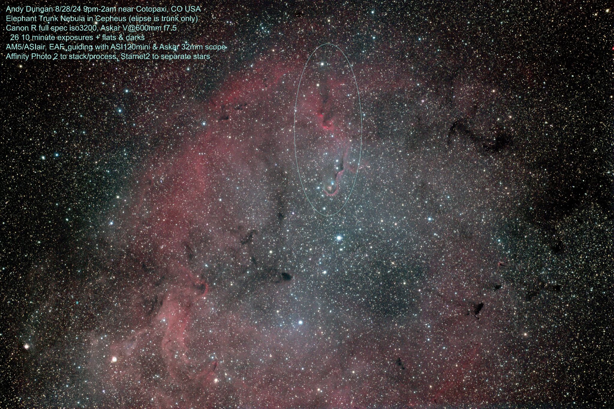 Community photo entitled Elephant Trunk Nebula in Cepheus by Andy Dungan on 08/27/2024 at Near Cotopaxi, CO USA