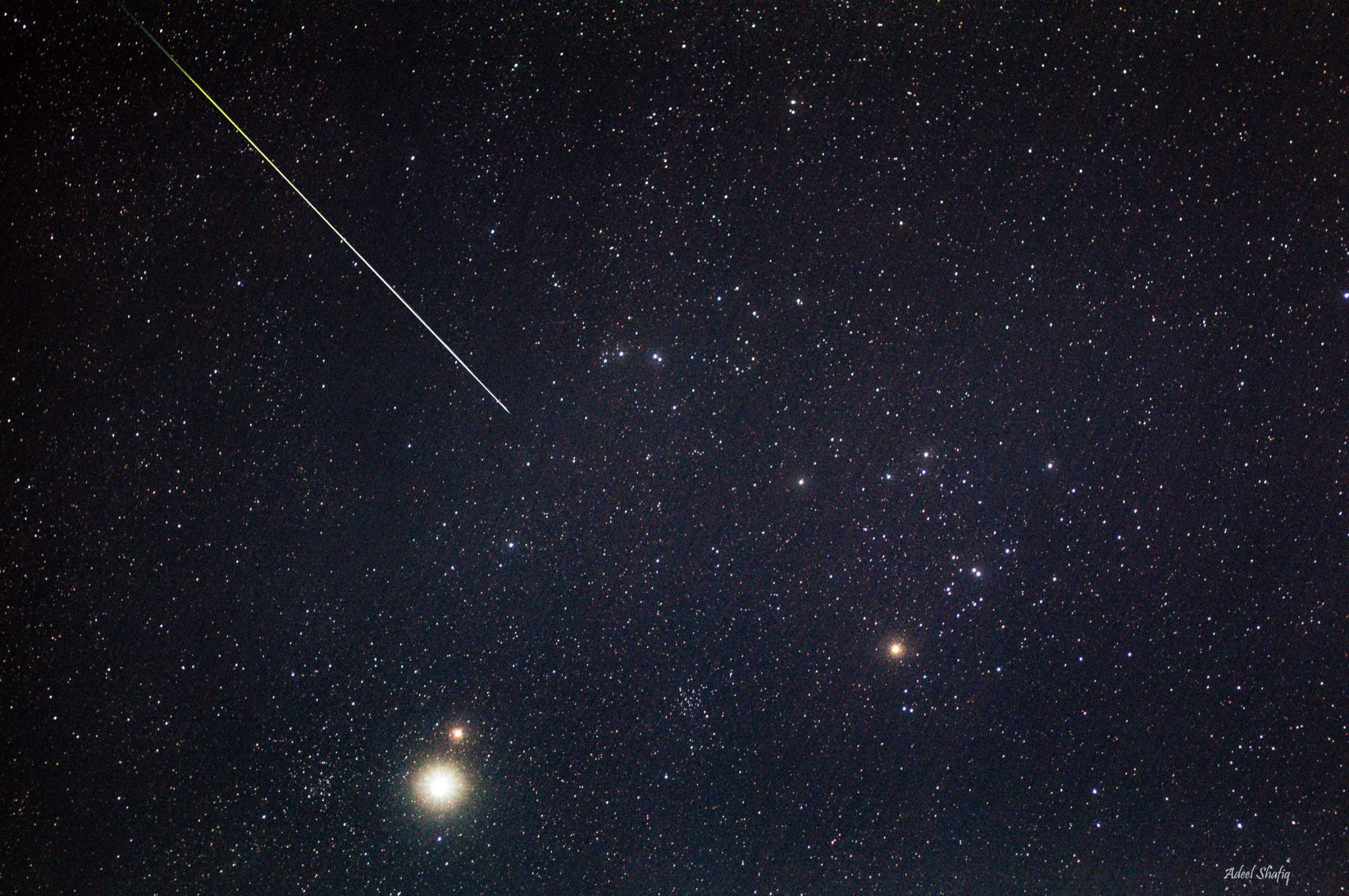 Community photo entitled A Perseid fireball graces an interplanetary conjunction! by Adeel Shafiq on 08/13/2024 at Jhelum, Punjab, Pakistan