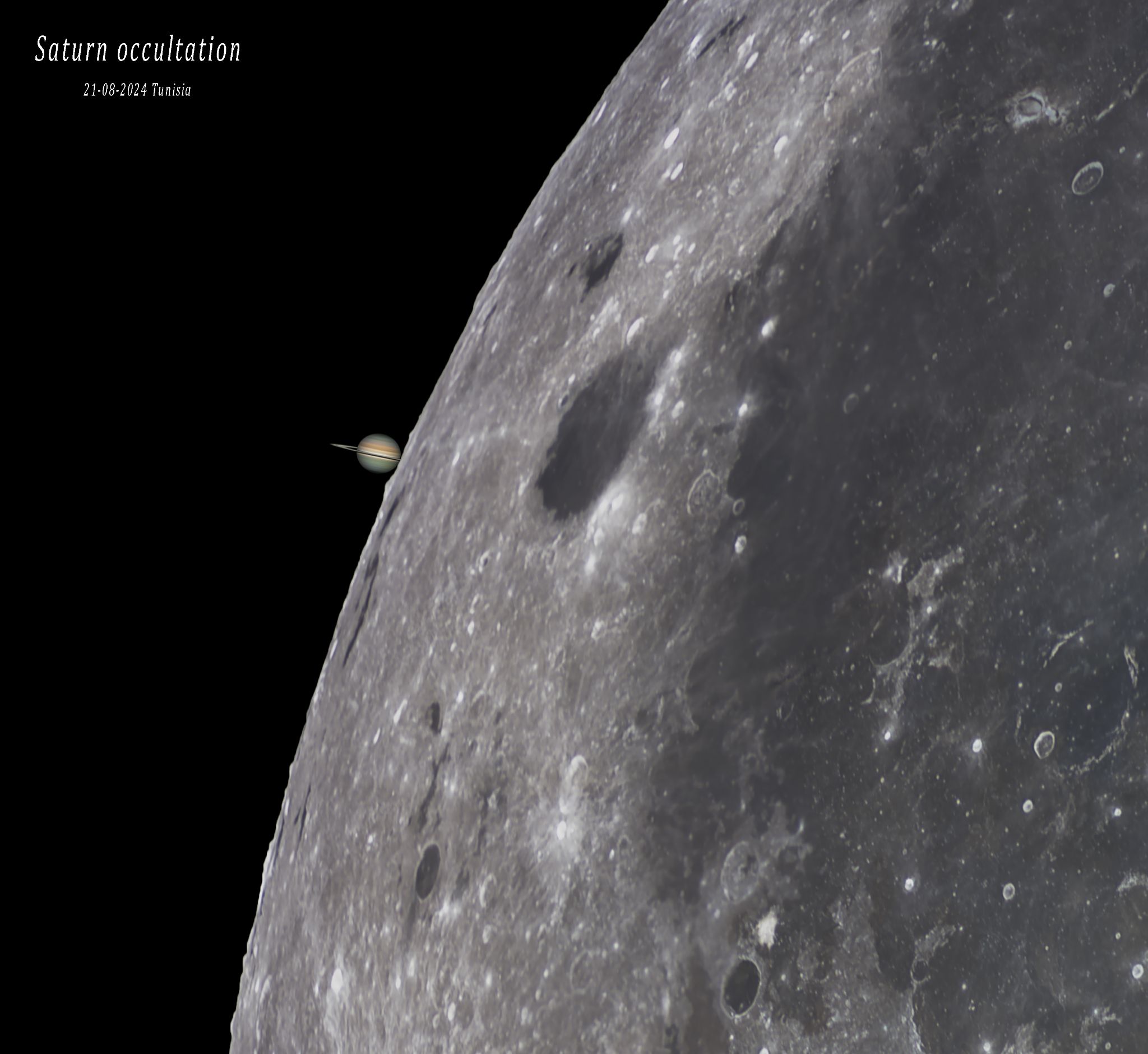 Community photo entitled Occultation of Saturn by the Moon - August 21, 2024, at 03:32 UTC by Makrem Larnaout on 08/21/2024 at Tunis