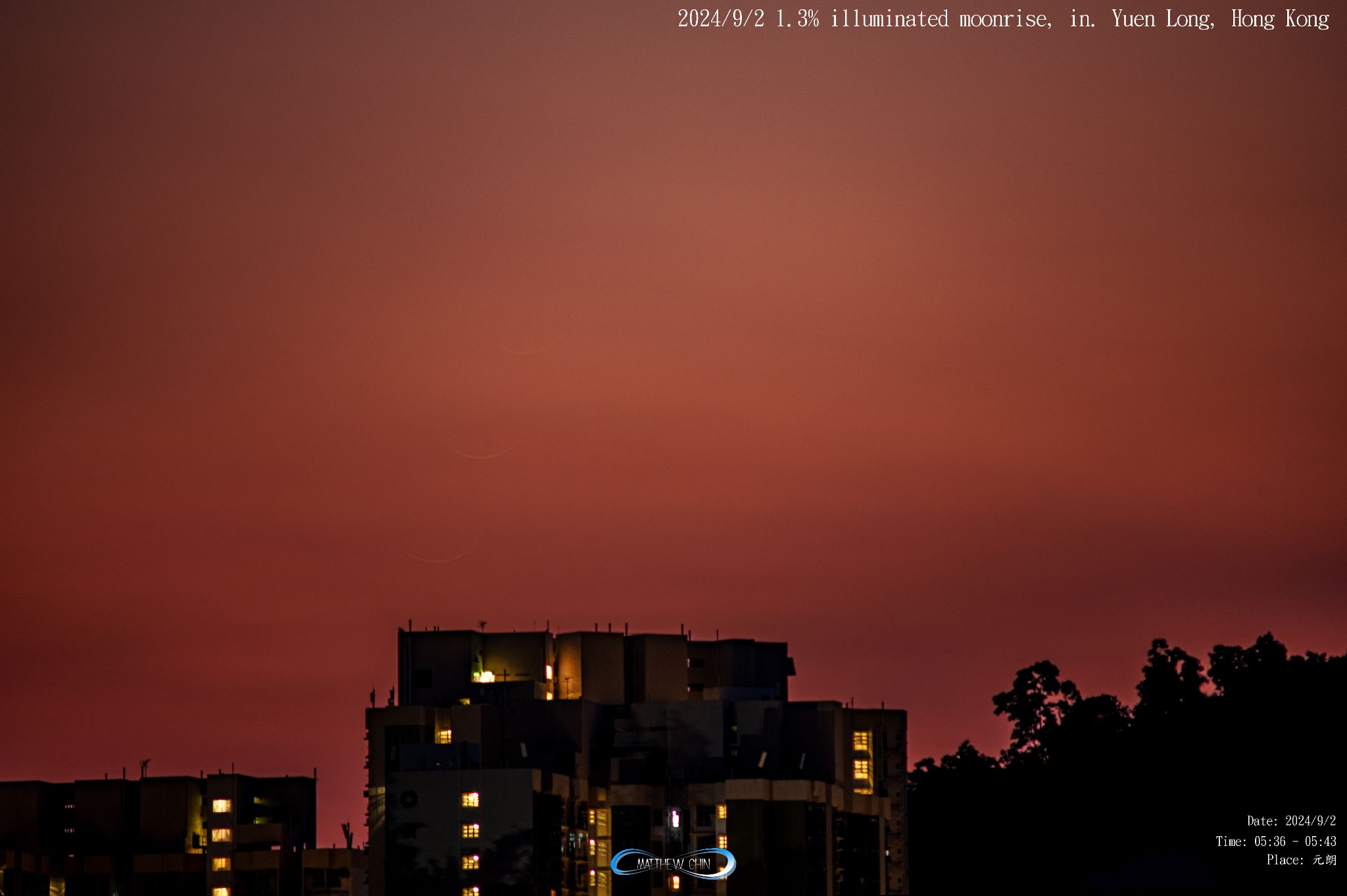 Community photo entitled 2024/9/2 1.3% illuminated moonrise, in. Yuen Long, Hong Kong by matthew chin on 09/02/2024 at Hong Kong