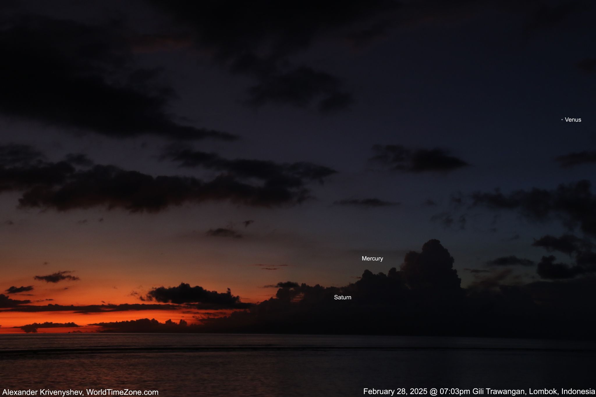 Community photo entitled Saturn, Mercury and bright Venus - part of the "planet parade" as seen from Indonesia by Alexander Krivenyshev on 02/28/2025 at Gili Trawangan, Lombok, Indonesia