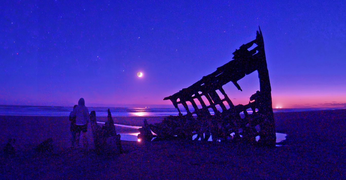 Community photo entitled Moonset by The Wreck of The Peter Iredale by Cecille Kennedy on 06/28/2025 at Hammond, Oregon