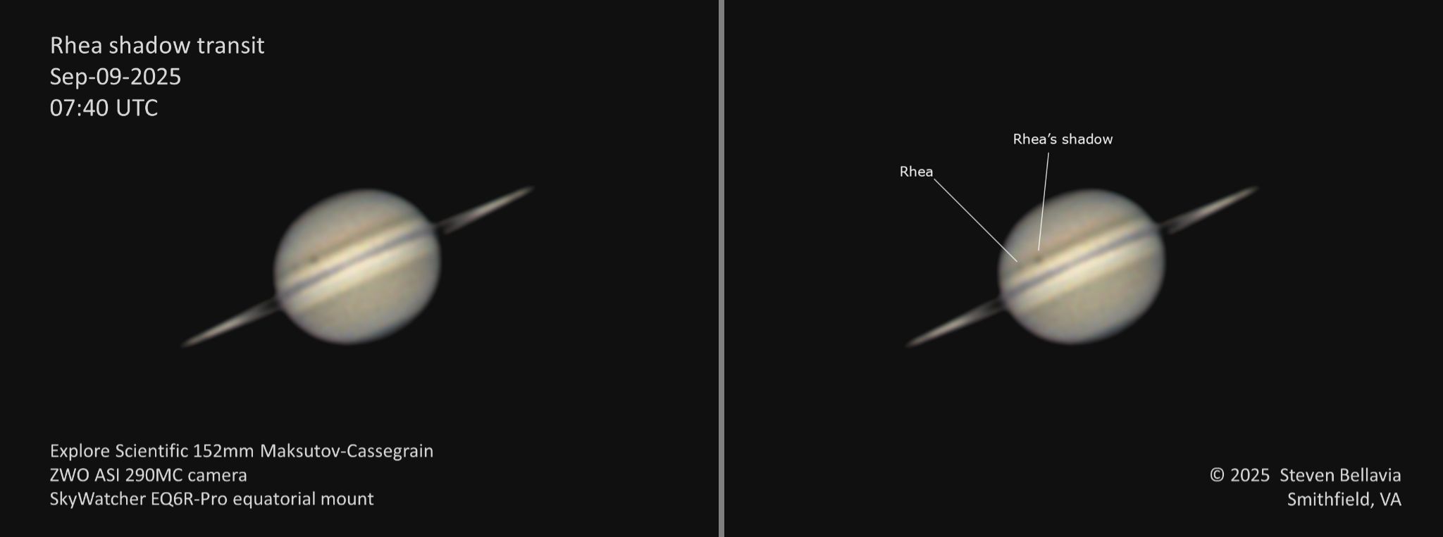 Community photo entitled Rhea shadow transit on Saturn by Steven Bellavia on 09/09/2025 at Smithfield, VA