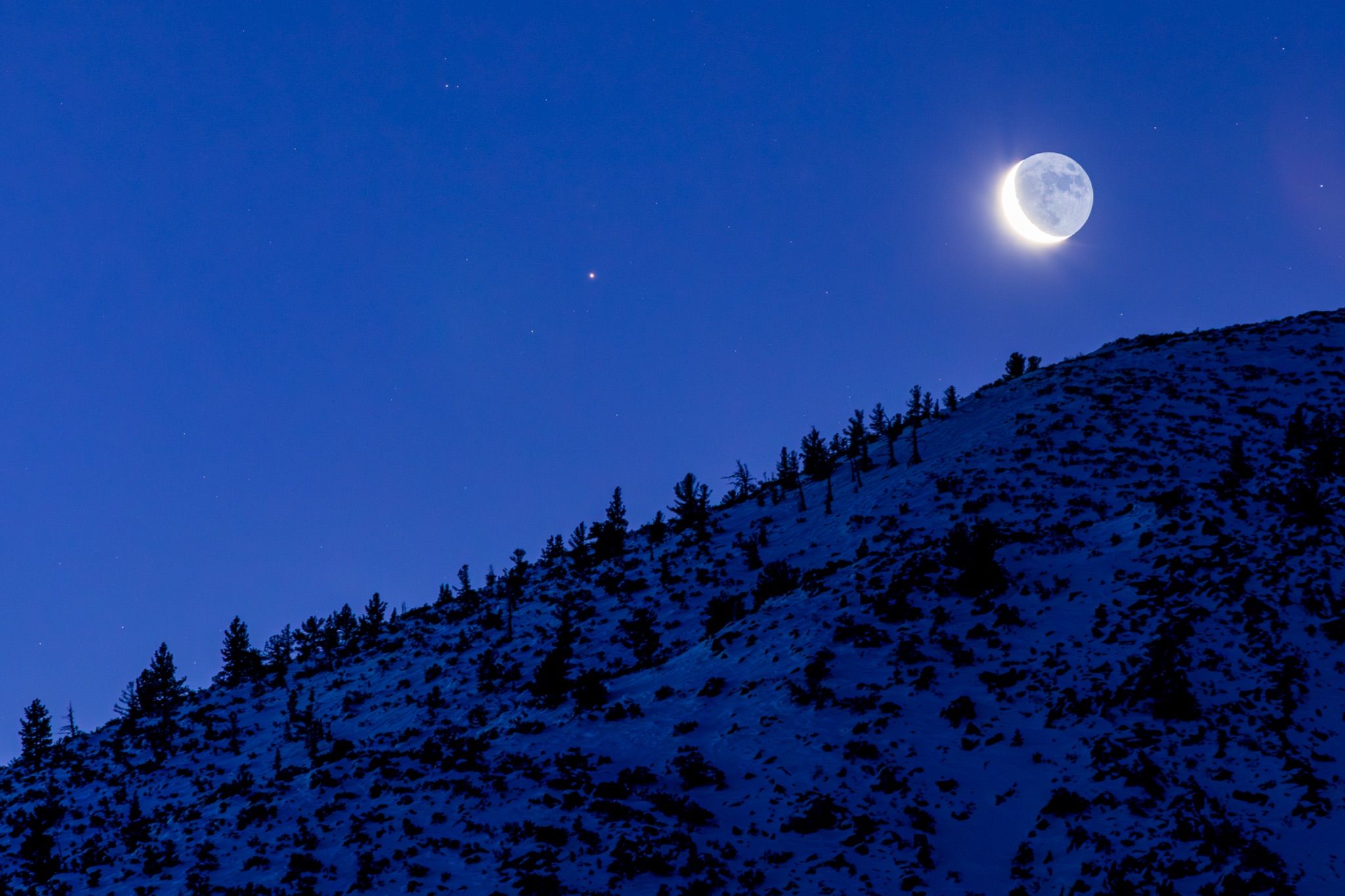 Community photo entitled Waning Crescent Moon and Antares at twilight. by Jeremy Evans on 01/14/2026 at Eastern Sierra, CA